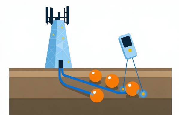 An EMS locator reading a passive marker ball buried next to a telecom tower and duct run