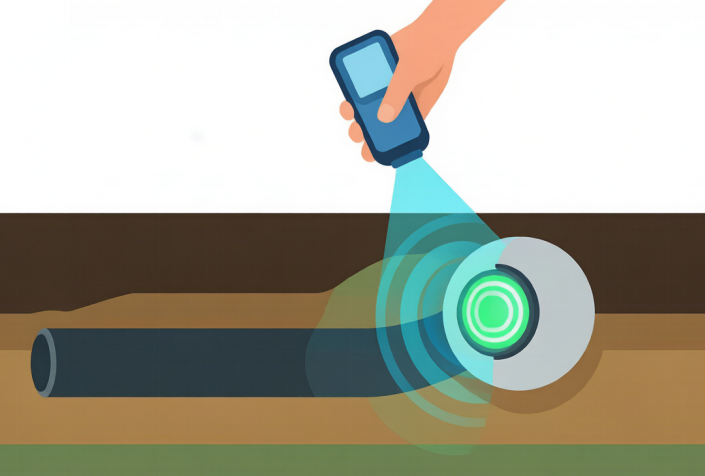 A locator above ground wakes a buried passive marker ball, which resonates and returns a frequency-specific signal