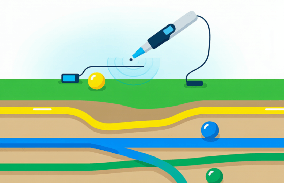 Gas (yellow), water (blue), and sewer (green) lines each paired with a matching color-coded marker ball.